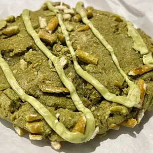white chocolate matcha pretzel cookie