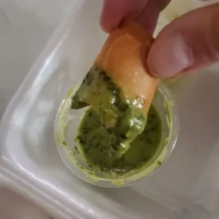 Cheese roll with cilantro sauce