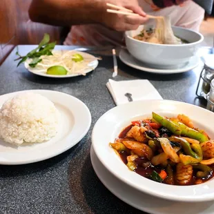 E4. Pad Prik Pow, white rice, squid.  NS1. Pho Beef &amp; Meatball