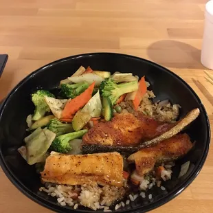 Teriyaki salmon over fried rice
