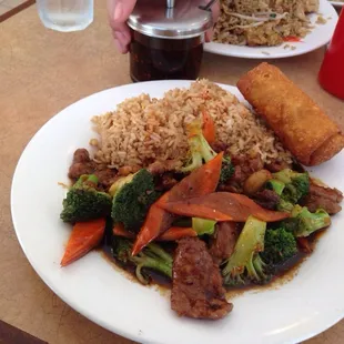 Broccoli beef w fried rice and egg roll