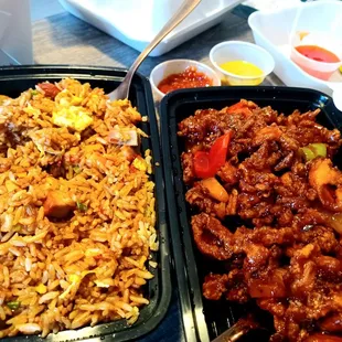 Bangkok BBQ Pork Fried Rice And Hawaiian Carmel Chicken 4/5. Pretty darn good.