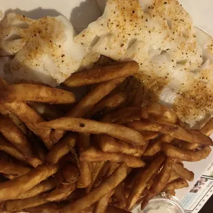 Baked fish w bay seasoning and beer battered French fries