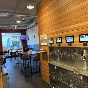 a row of beer taps