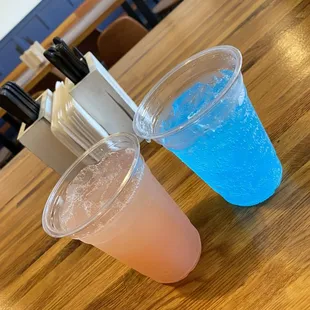 Region Ale&apos;s Homemade Strawberry lemonade (pink) and Jone&apos;s berry lemonade soda (blue)