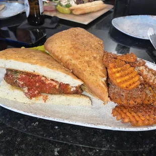 Chicken Parmesan Sandwich and sweet potato fries