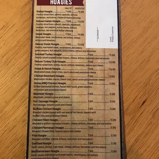 Hoagies menu