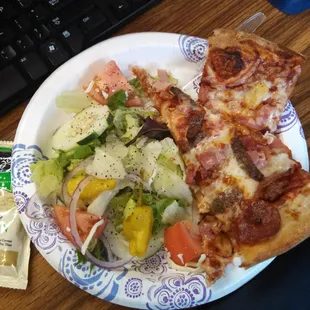 Lunch on the visiting Logistics Analyst Julio... Hawaiian pizza, meat lovers and a salad...