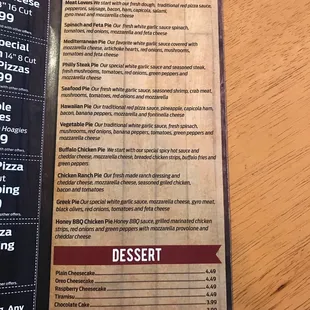 Specialty pizza menu