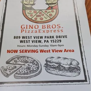 menu for gino bros pizza