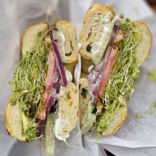 Veggie bagel  with avocado called morning bagel