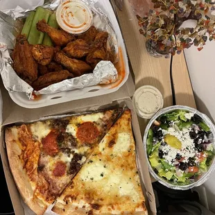 10 Piece Wing, Lasagna Slice, White Slice, Greek Salad