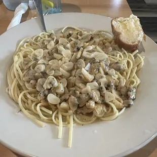 Spaghetti with white clam sauce and garlic... Had to take 1/3 home could not eat it all