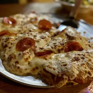 Meat lovers flat bread pizza. Not bad. Too much cheese for moi. I loved the Italian fennel sausage on it thou