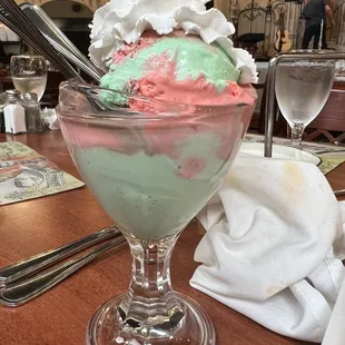 ice cream in a glass bowl