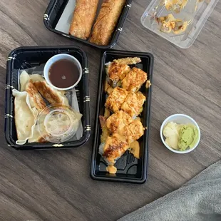 Shrimp dragon roll, dumplings, chicken egg roll