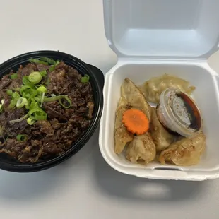 Beef bowl and gyoza.