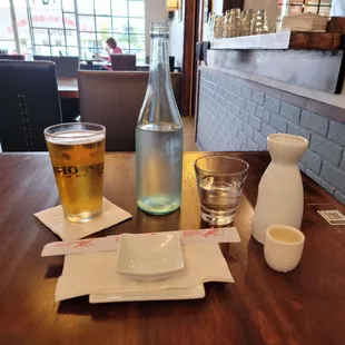 Sapporo draft and complementary hot sake