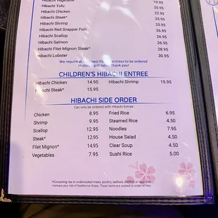 Hibachi menu