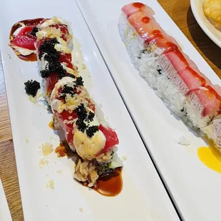 Playboy roll is on the left and on the right is the Tuna Tuna Tuna.