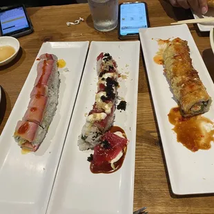 Going left to right:  The Tuna Tuna Tuna roll--The Playboy roll--The Thai roll