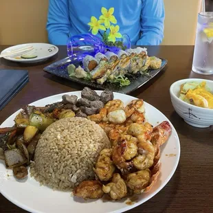 Ginza special lobster filet and shrimp hibachi and my honey&apos;s beautiful yummy sushi roll