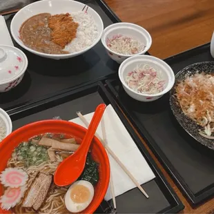 a variety of food items on a tray