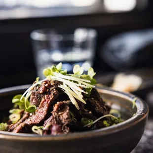 a close up of a bowl of food
