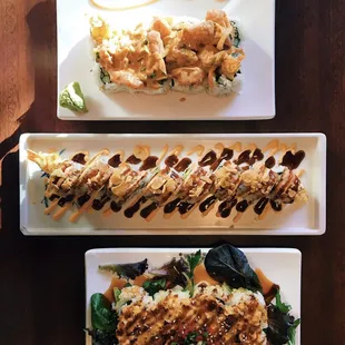 Top to bottom, Ginza Special, Garlic Crunch and Da Bomb roll