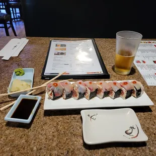 Great sushi, ice cold Sapporo and friendly service.