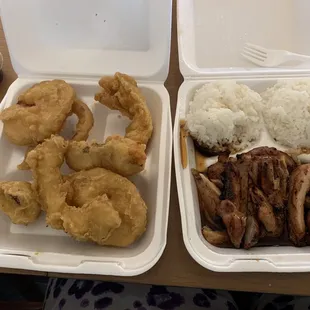 LUNCH Bento Box with chicken teriyaki, vegetable tempura (including 1 large shrimp). Not shown, small salad &amp; gyoza.