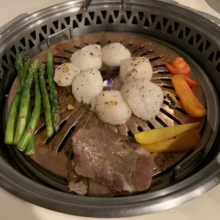 Beef tongue, scallops and veggies