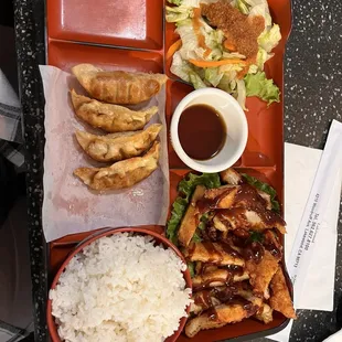 Chicken Katsu, Pork Gyoza with white rice/ginger dressing salad/miso soup as sides