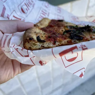 a hand holding a piece of pizza