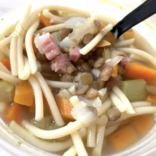 Carryout: Soup with lentils, ham, noodles, carrots