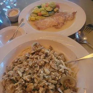 Veal Francese and Linguini with White Clam Sauce