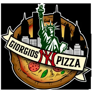 a pizza with the statue of liberty in the background