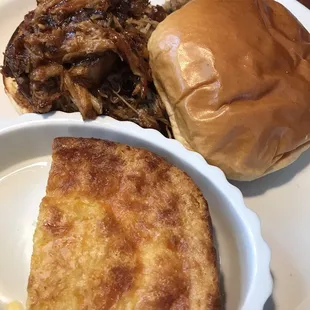 Pulled pork sandwich with cornbread casserole