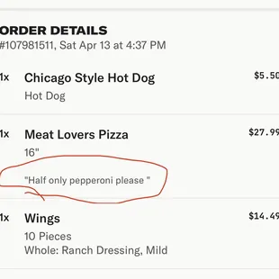 Order showing request for half only pepperoni