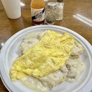 Biscuits and gravy, with scrambled eggs