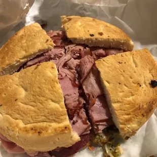 Real Italian muffuletta.  Upside down  (so the bread isn&apos;t soaked with olive oil?)