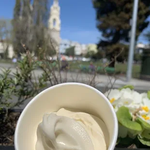 a hand holding a cup of ice cream