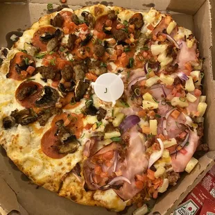 Medium pizza: half Italian Garlic Supreme Pizza &amp; half Maui Zaui Pizza $27