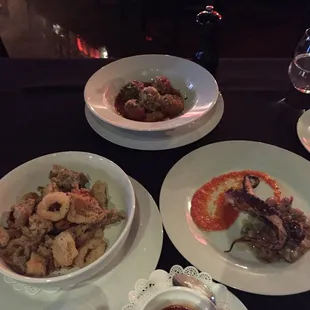 Calamari. Grilled octopus. Meatballs.