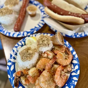 Shrimp Scampi, Garlic Dog w/ rice &amp; bun