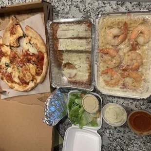 Margherita Pizza, Garlic Cheese Bread, Spaghetti Alla Carbonara with Shrimp, Caesar Salad