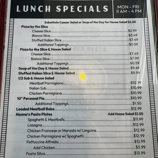 Lunch specials menu