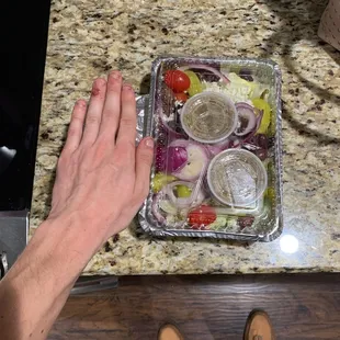 This is apparently a &quot;large salad&quot;???  not even two people could share this. As well as asked for extra dressing and nothing..