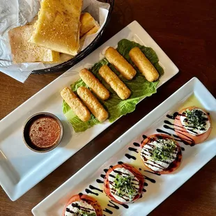 House garlic bread, Mozzarella Sticks, Caprese Salad