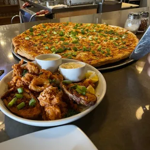 Buffalo chicken Extra Large Cheese Pizza Potato Skins Calamari